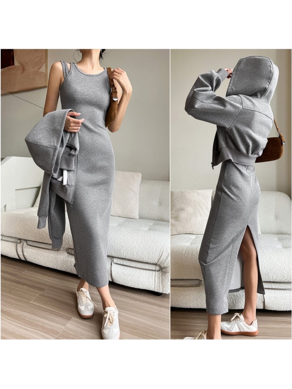 Commense Assymetrical Maxi Dress Crew Neck Split Grey Large
